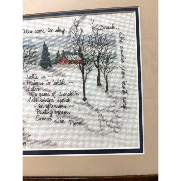 Vintage 1989 Framed Cross Stitch Sampler – Winter Scene with Red House, Rabbit, - Picture 8 of 9